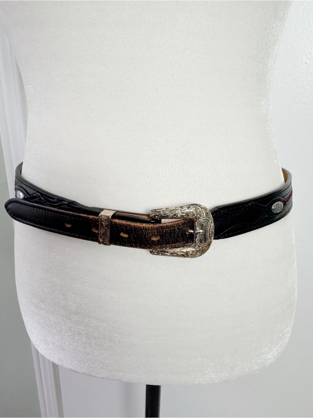 Women's Black Leather Belt with Butterfly Silver Buckle and Red Accent size 32